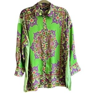 Zara Women Green Paisley-Pattern Button-Down Shirt Blouse size L